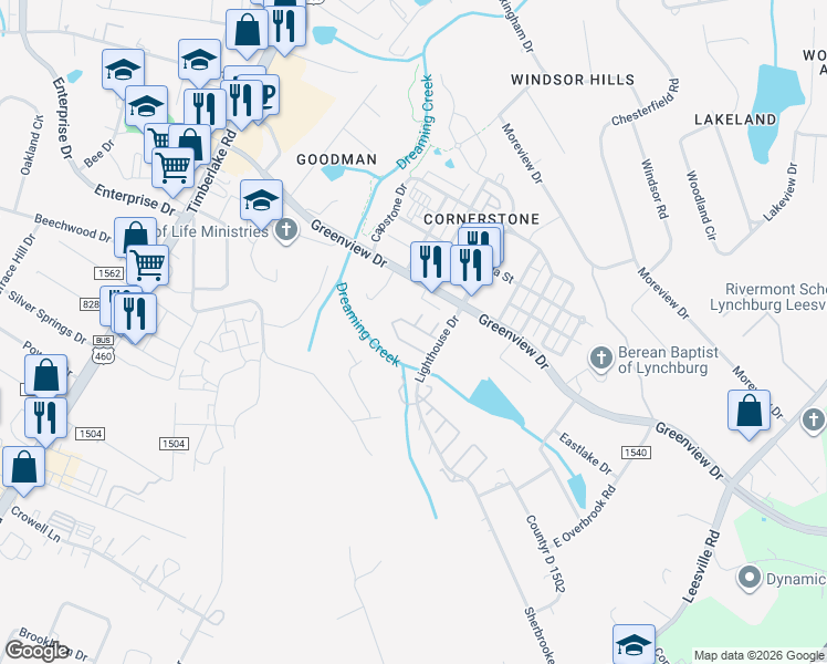 map of restaurants, bars, coffee shops, grocery stores, and more near 23 Mulberry Circle in Lynchburg