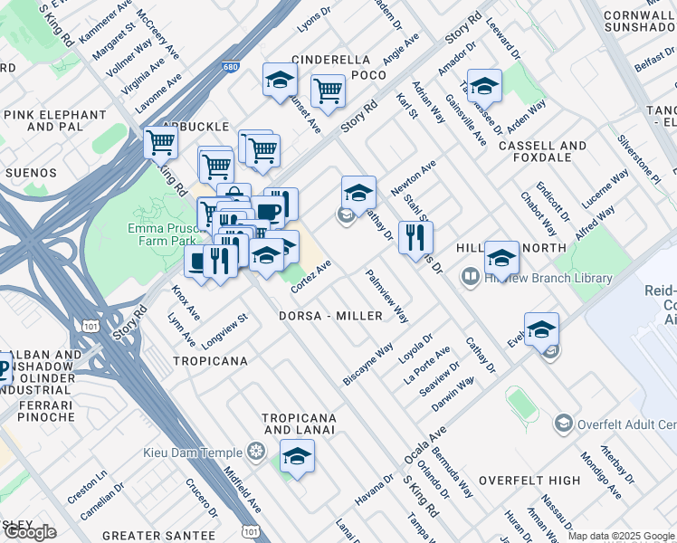 map of restaurants, bars, coffee shops, grocery stores, and more near 1332 Cliffwood Drive in San Jose