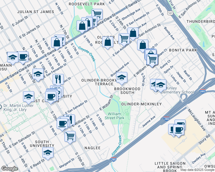 map of restaurants, bars, coffee shops, grocery stores, and more near 359 Brookwood Avenue in San Jose