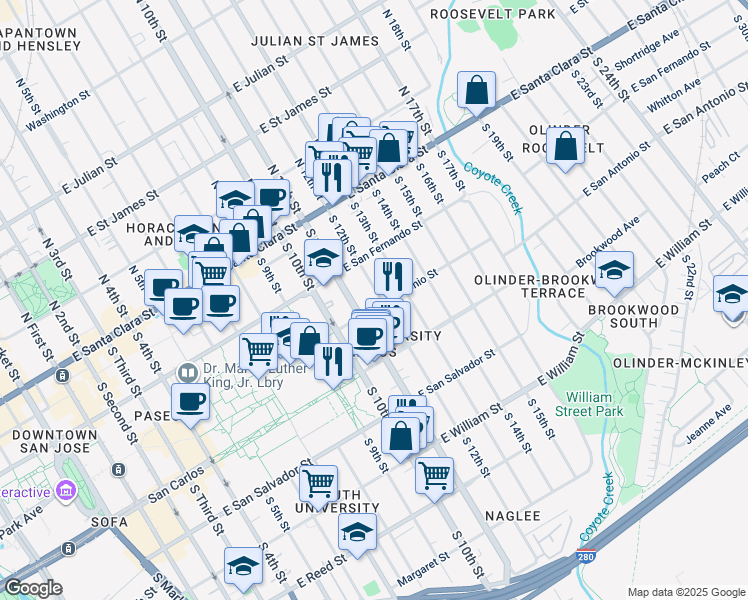 map of restaurants, bars, coffee shops, grocery stores, and more near 215 South 12th Street in San Jose