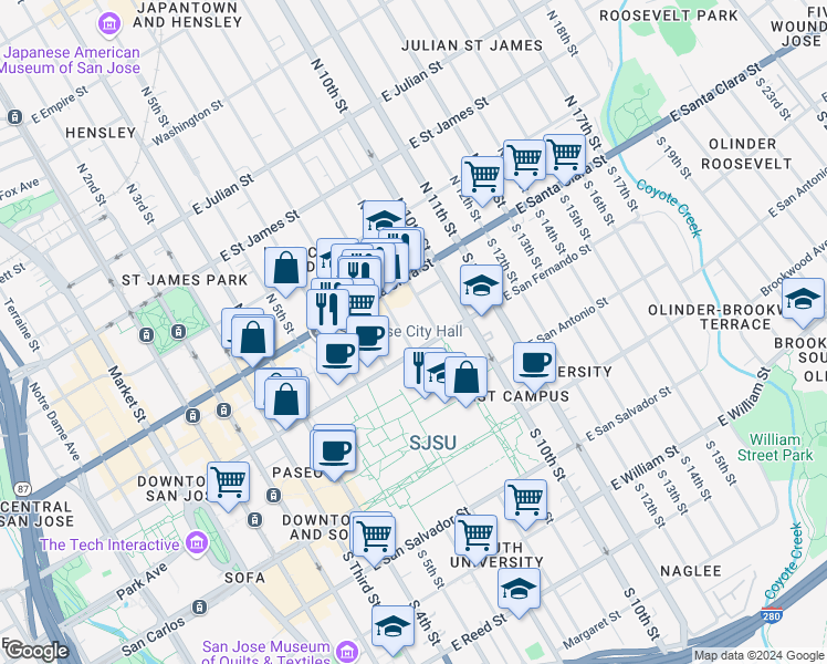 map of restaurants, bars, coffee shops, grocery stores, and more near 295 East San Fernando Street in San Jose