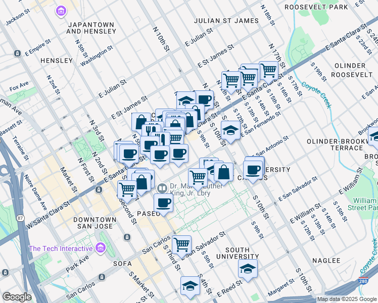 map of restaurants, bars, coffee shops, grocery stores, and more near 295 East San Fernando Street in San Jose