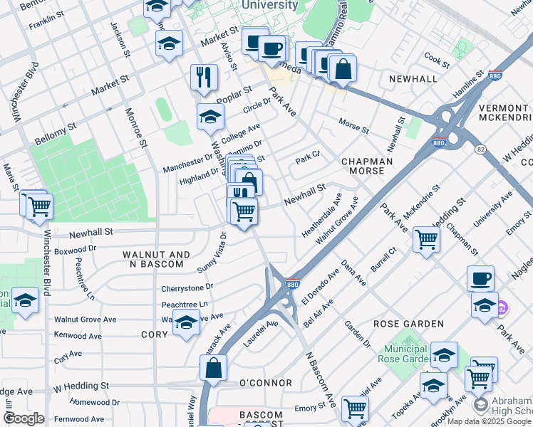 map of restaurants, bars, coffee shops, grocery stores, and more near 1 Washington Street in Santa Clara