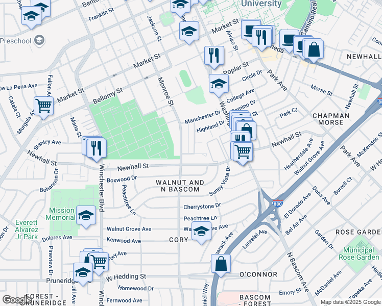 map of restaurants, bars, coffee shops, grocery stores, and more near 2257 Newhall Street in Santa Clara