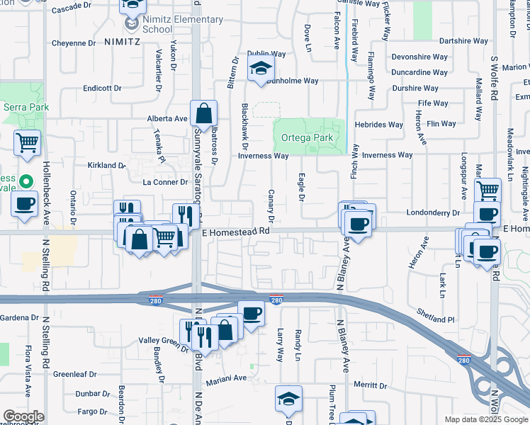 map of restaurants, bars, coffee shops, grocery stores, and more near 1691 Canary Drive in Sunnyvale
