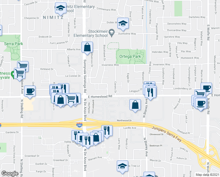 map of restaurants, bars, coffee shops, grocery stores, and more near 1691 Canary Drive in Sunnyvale