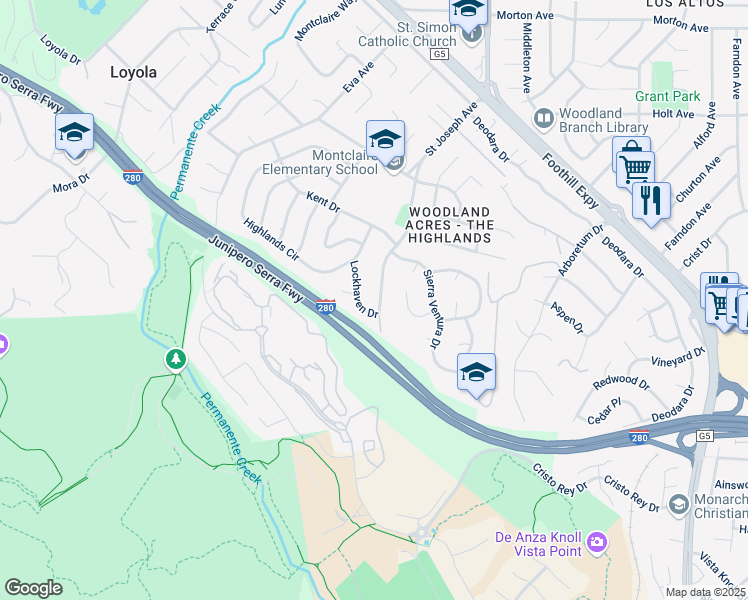 map of restaurants, bars, coffee shops, grocery stores, and more near 2150 Vía Escalera in Los Altos
