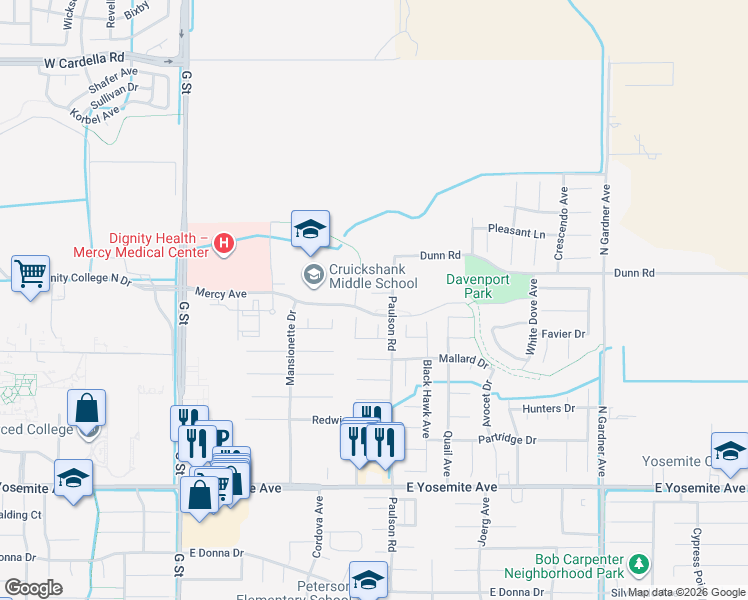 map of restaurants, bars, coffee shops, grocery stores, and more near 770 Warbler Court in Merced