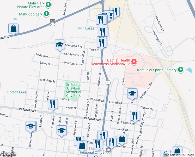 map of restaurants, bars, coffee shops, grocery stores, and more near 737 Hanson Street in Madisonville