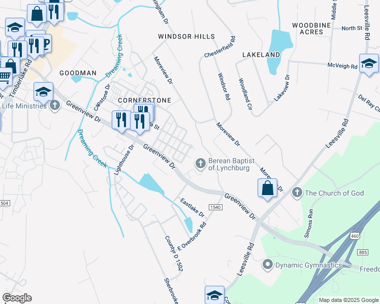 map of restaurants, bars, coffee shops, grocery stores, and more near 320 Meridian Street in Lynchburg