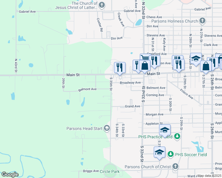 map of restaurants, bars, coffee shops, grocery stores, and more near 301 South 35th Street in Parsons