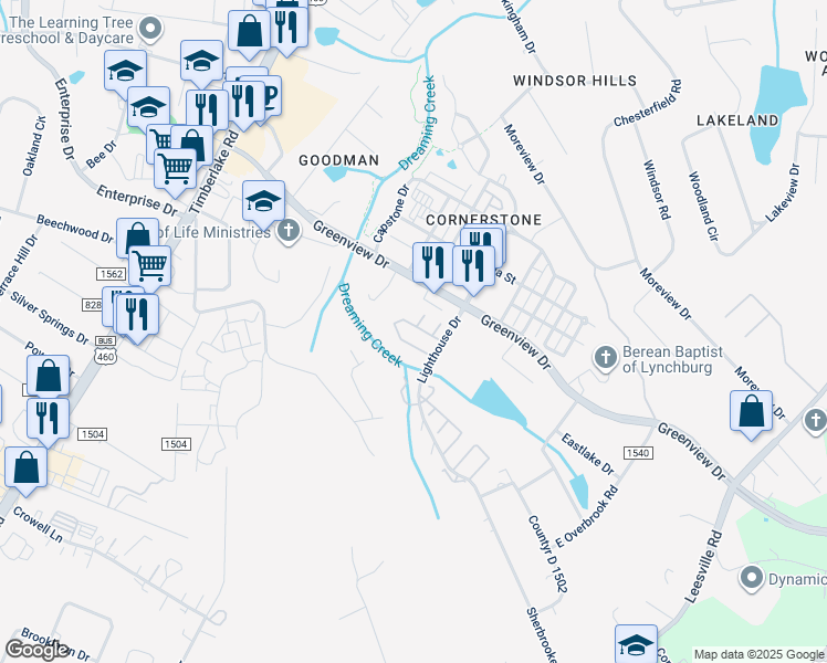 map of restaurants, bars, coffee shops, grocery stores, and more near 237 Mulberry Circle in Lynchburg