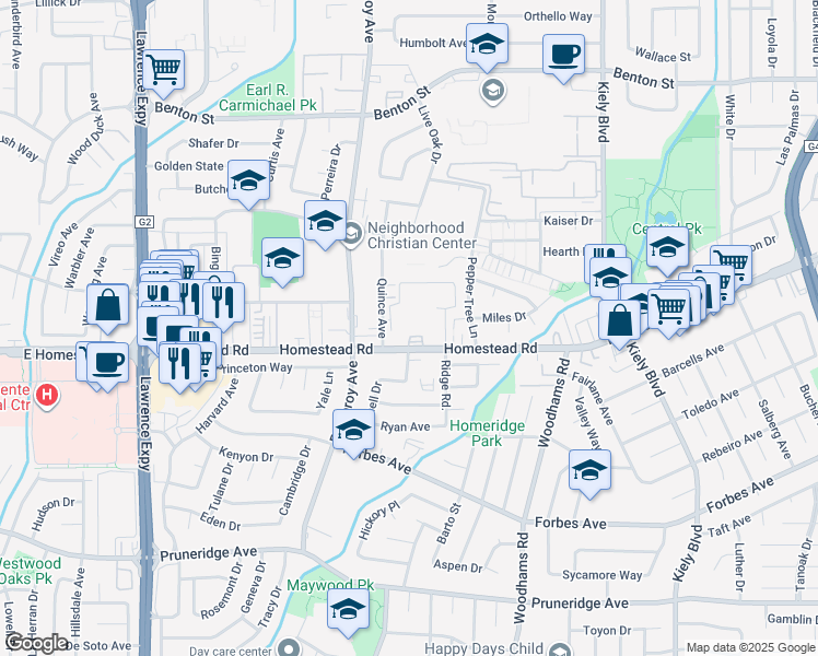 map of restaurants, bars, coffee shops, grocery stores, and more near 3133 Homestead Road in Santa Clara