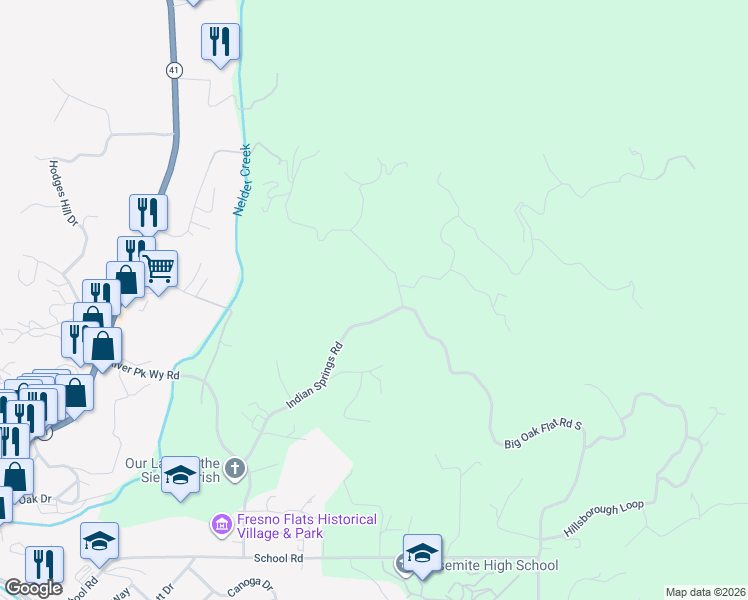 map of restaurants, bars, coffee shops, grocery stores, and more near 40584 Indian Springs Road in Oakhurst
