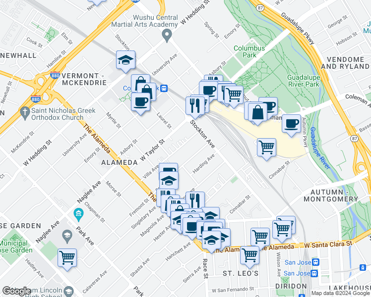 map of restaurants, bars, coffee shops, grocery stores, and more near 820 Villa Avenue in San Jose