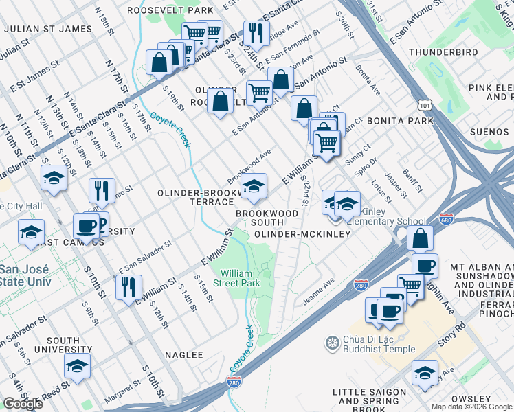 map of restaurants, bars, coffee shops, grocery stores, and more near East William Street & South 19th Street in San Jose