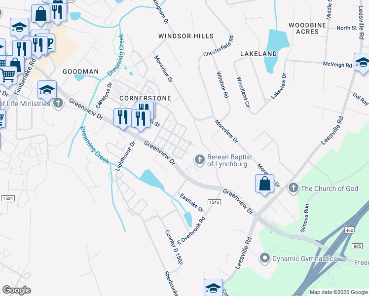 map of restaurants, bars, coffee shops, grocery stores, and more near 315 Meridian Street in Lynchburg