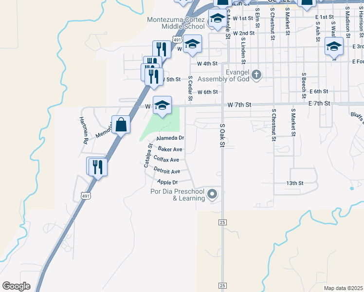 map of restaurants, bars, coffee shops, grocery stores, and more near 505 Baker Avenue in Cortez