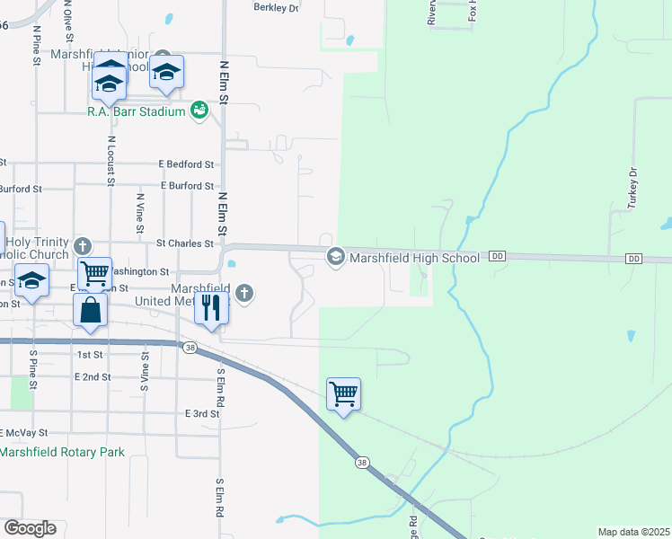 map of restaurants, bars, coffee shops, grocery stores, and more near 370 State Highway DD in Marshfield