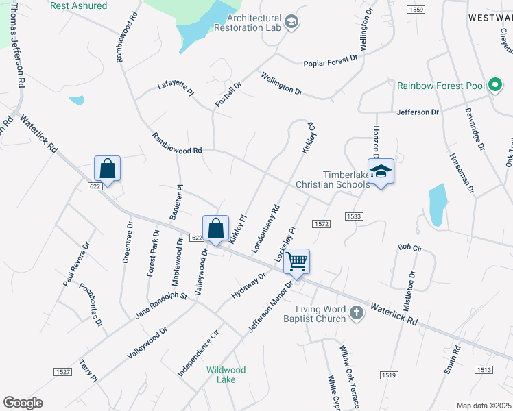 map of restaurants, bars, coffee shops, grocery stores, and more near 181 Kirkley Place in Forest