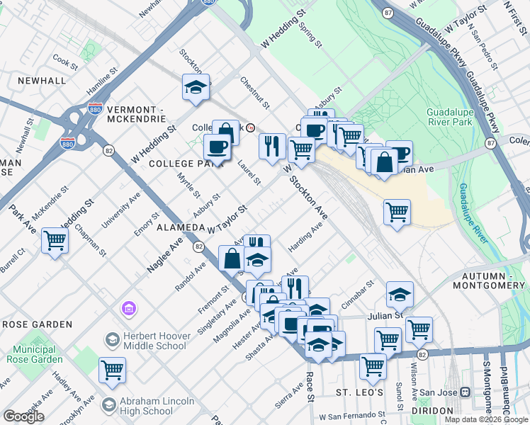 map of restaurants, bars, coffee shops, grocery stores, and more near 860 Villa Avenue in San Jose