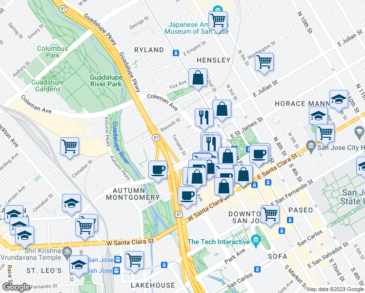map of restaurants, bars, coffee shops, grocery stores, and more near 254 Terraine Street in San Jose
