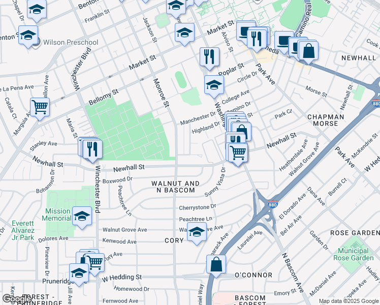 map of restaurants, bars, coffee shops, grocery stores, and more near 2257 Newhall Street in Santa Clara
