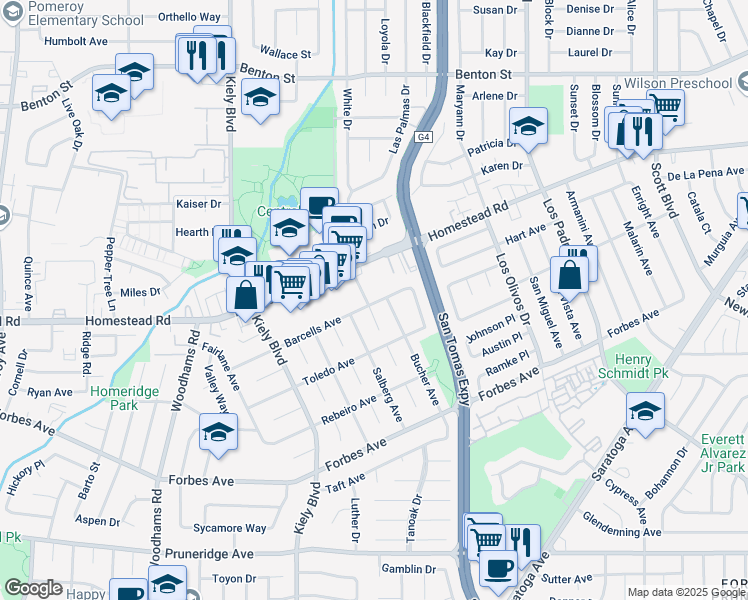 map of restaurants, bars, coffee shops, grocery stores, and more near 734 Bucher Avenue in Santa Clara