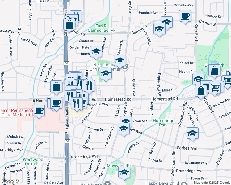 map of restaurants, bars, coffee shops, grocery stores, and more near 3335 Homestead Road in Santa Clara