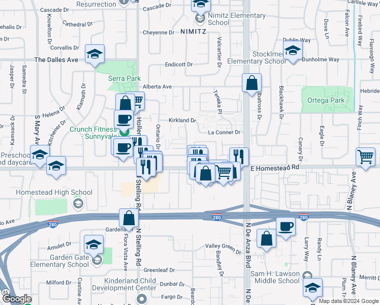 map of restaurants, bars, coffee shops, grocery stores, and more near 625 West Homestead Road in Sunnyvale