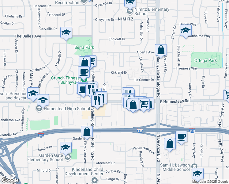 map of restaurants, bars, coffee shops, grocery stores, and more near 659 West Homestead Road in Sunnyvale