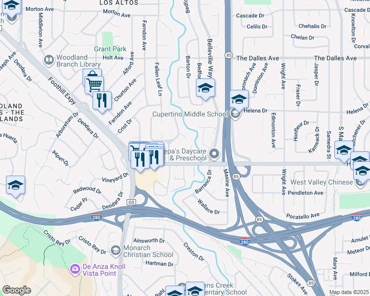 map of restaurants, bars, coffee shops, grocery stores, and more near 1708 Marshall Court in Los Altos