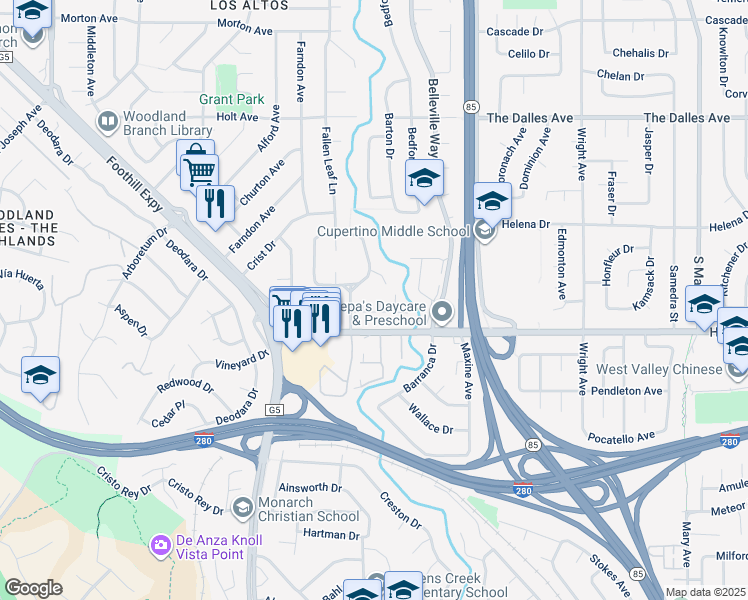 map of restaurants, bars, coffee shops, grocery stores, and more near 1708 Marshall Court in Los Altos