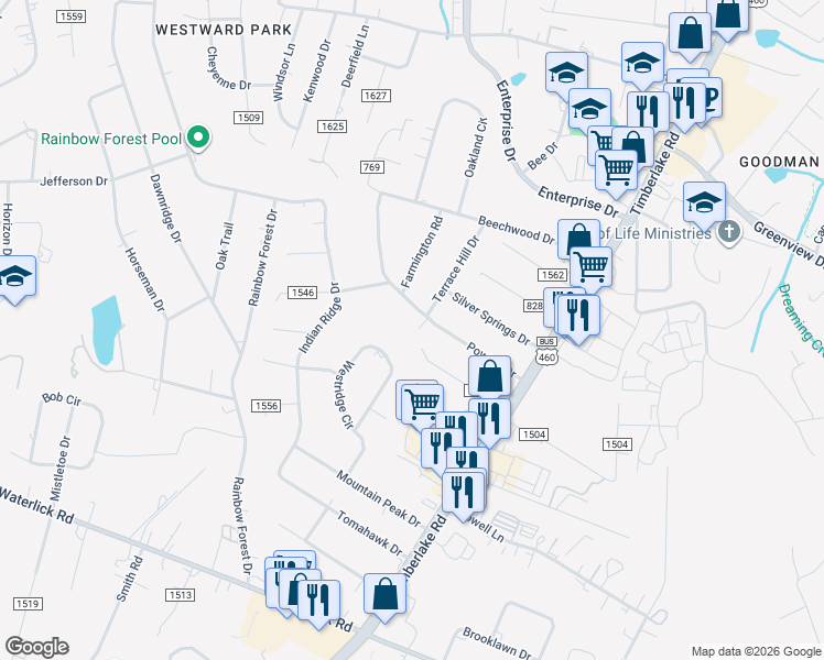 map of restaurants, bars, coffee shops, grocery stores, and more near 386-394 Westridge Circle in Lynchburg