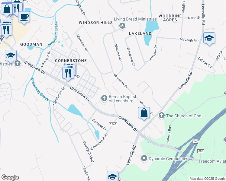 map of restaurants, bars, coffee shops, grocery stores, and more near 1035 Morey Place in Lynchburg