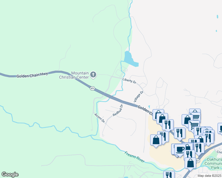 map of restaurants, bars, coffee shops, grocery stores, and more near 40595 Westlake Drive in Oakhurst