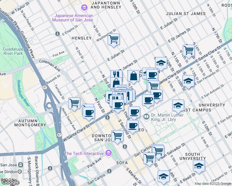 map of restaurants, bars, coffee shops, grocery stores, and more near 30 North 3rd Street in San Jose