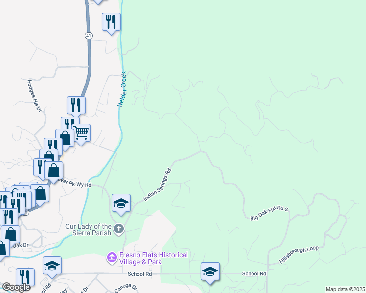 map of restaurants, bars, coffee shops, grocery stores, and more near 40584 Indian Springs Road in Oakhurst