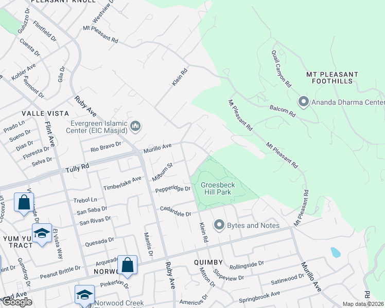 map of restaurants, bars, coffee shops, grocery stores, and more near 3611 Groesbeck Hill Drive in San Jose