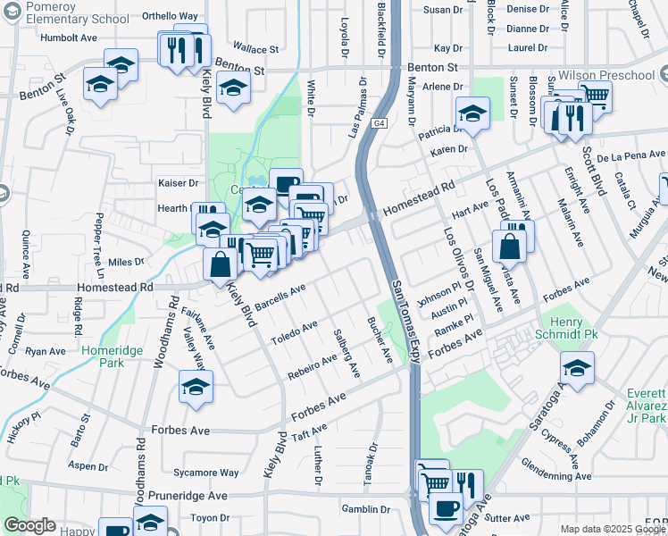 map of restaurants, bars, coffee shops, grocery stores, and more near 734 Bucher Avenue in Santa Clara