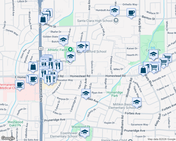 map of restaurants, bars, coffee shops, grocery stores, and more near in Santa Clara