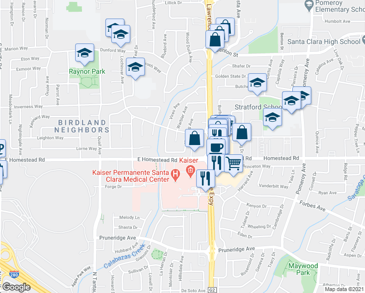 map of restaurants, bars, coffee shops, grocery stores, and more near 1645 Waxwing Avenue in Sunnyvale