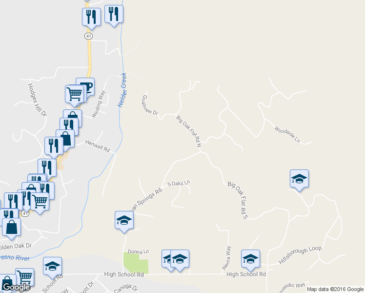 map of restaurants, bars, coffee shops, grocery stores, and more near 40584 Indian Springs Road in Oakhurst