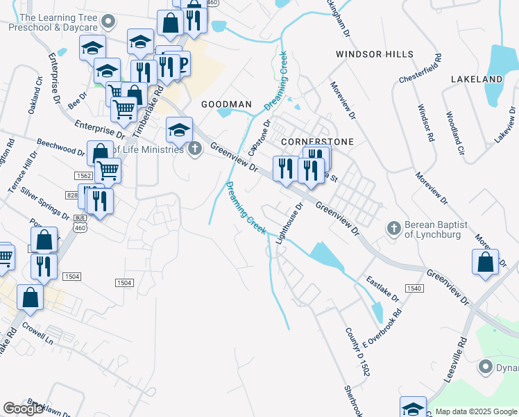 map of restaurants, bars, coffee shops, grocery stores, and more near 198 Mulberry Circle in Lynchburg