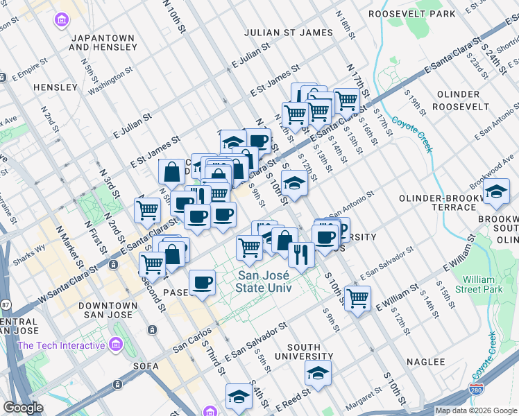 map of restaurants, bars, coffee shops, grocery stores, and more near 67 South 9th Street in San Jose