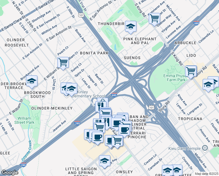 map of restaurants, bars, coffee shops, grocery stores, and more near 1194 Herald Avenue in San Jose