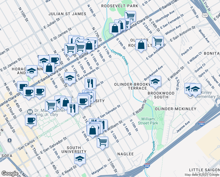 map of restaurants, bars, coffee shops, grocery stores, and more near 296 South 14th Street in San Jose