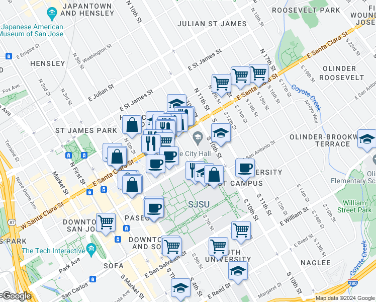 map of restaurants, bars, coffee shops, grocery stores, and more near 295 East San Fernando Street in San Jose