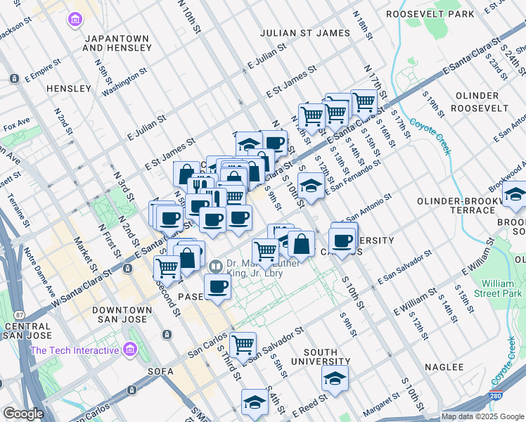 map of restaurants, bars, coffee shops, grocery stores, and more near 295 East San Fernando Street in San Jose