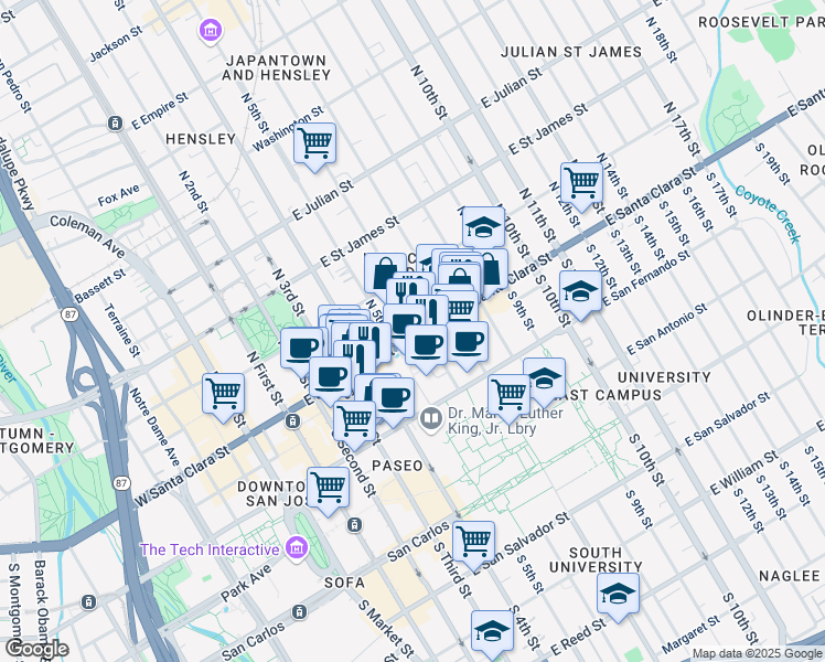 map of restaurants, bars, coffee shops, grocery stores, and more near in San Jose